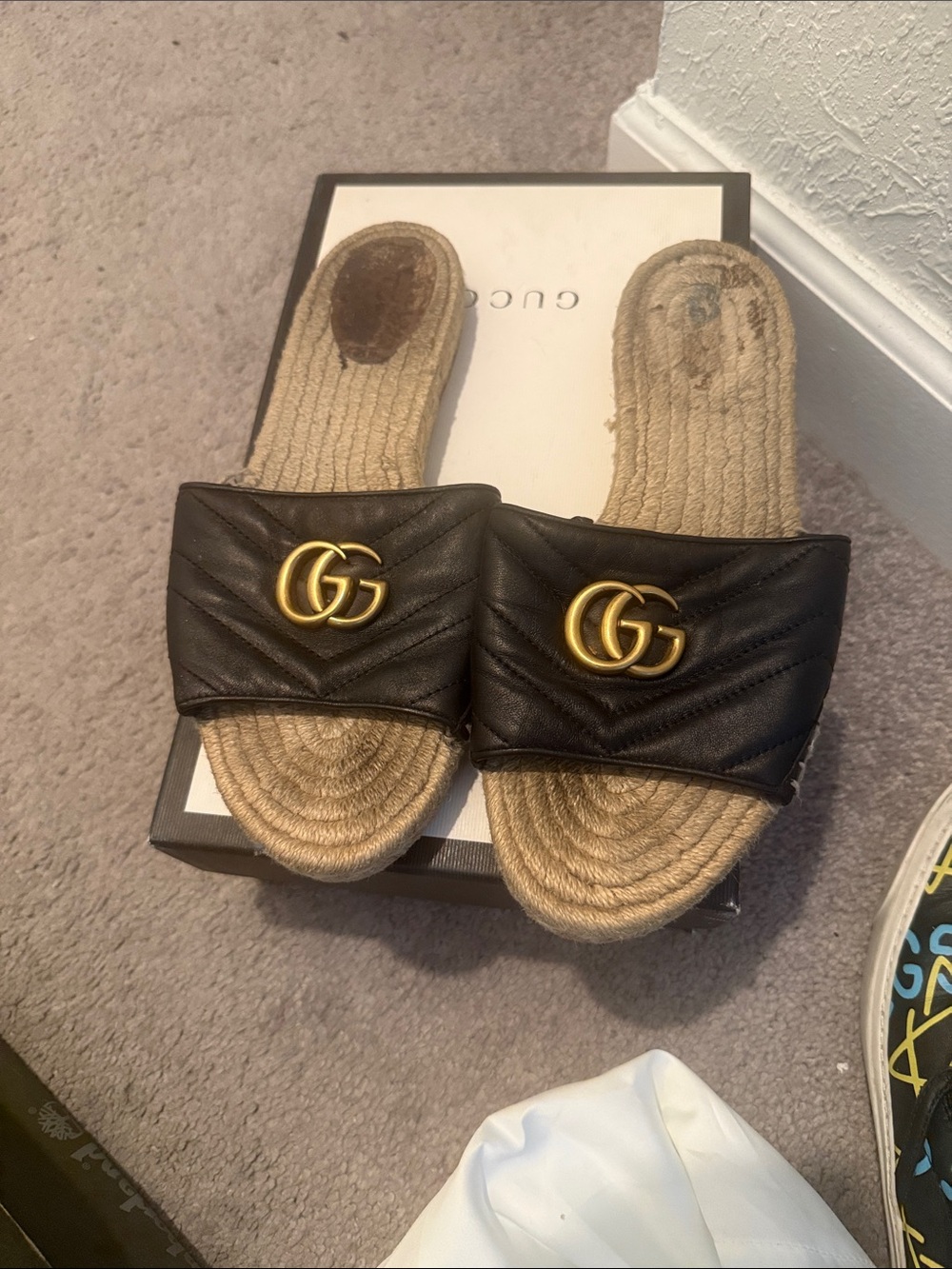 Gucci Black Leather Slide Sandals with Gold GG Emblem
